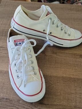 Converse Classic White Low-Top Sneakers, Red  Accents Womens 7, Men 5